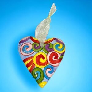 Ceramic Bright Delightfully Designed Heart Ornament With Ribbon